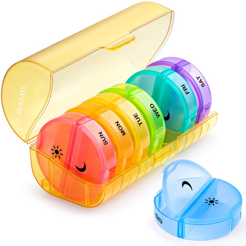 Sukuos Large Weekly Pill Organizer 2 Times a Day Daily Pill Box 7 Day Easy to Open with Double Protection AM PM Pill Case for MedicineVitaminFish OilSupplements Yellow